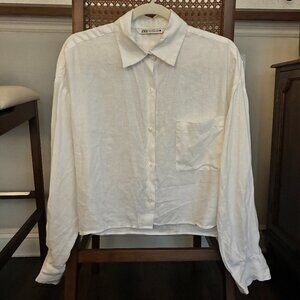 Zara White Linen Cropped Boxy Button-Up Shirt - XS